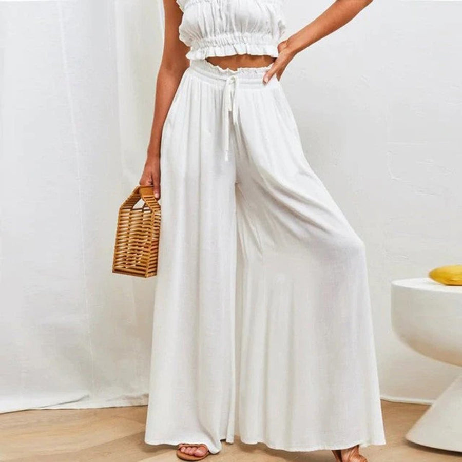 Isabella | Linen Wide Leg Pants High Waist Drawstring A-Line Pockets White