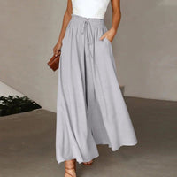 Isabella | Linen Wide Leg Pants High Waist Drawstring A-Line Pockets Gray