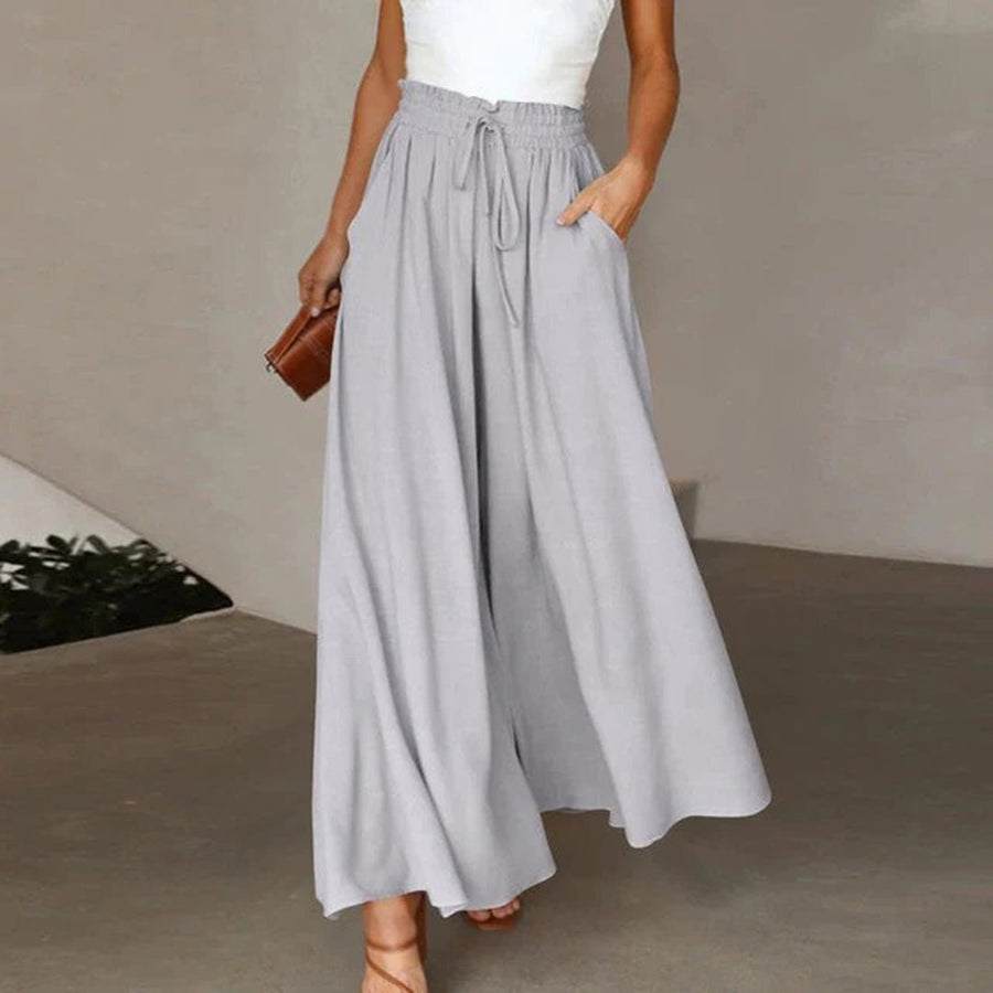 Isabella | Linen Wide Leg Pants High Waist Drawstring A-Line Pockets Gray
