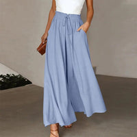 Isabella | Linen Wide Leg Pants High Waist Drawstring A-Line Pockets Blue