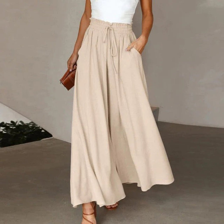 Isabella | Linen Wide Leg Pants High Waist Drawstring A-Line Pockets Beige