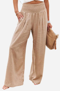 Sophia | Linen Wide Leg Pants High Waisted Smocked Waist Flowing Khaki