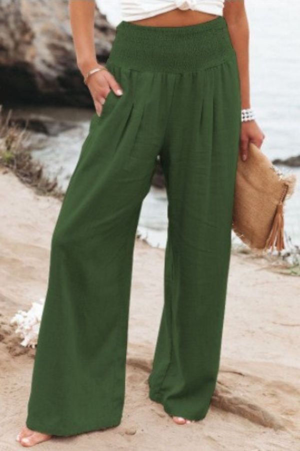 Sophia | Linen Wide Leg Pants High Waisted Smocked Waist Flowing Army Green