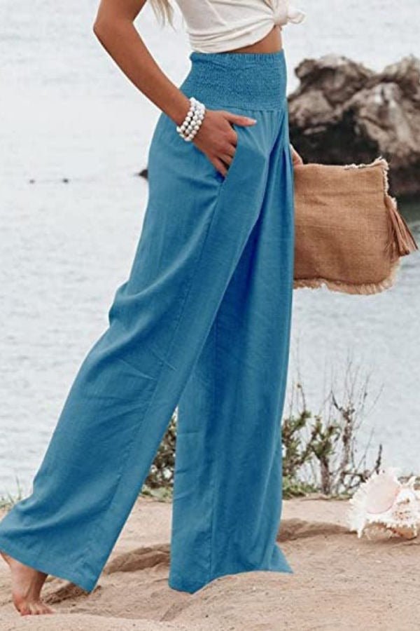 Sophia | Linen Wide Leg Pants High Waisted Smocked Waist Flowing Peacock Blue