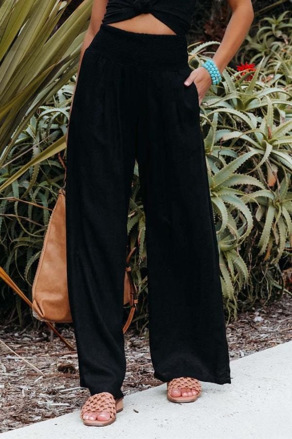 Sophia | Linen Wide Leg Pants High Waisted Smocked Waist Flowing Black