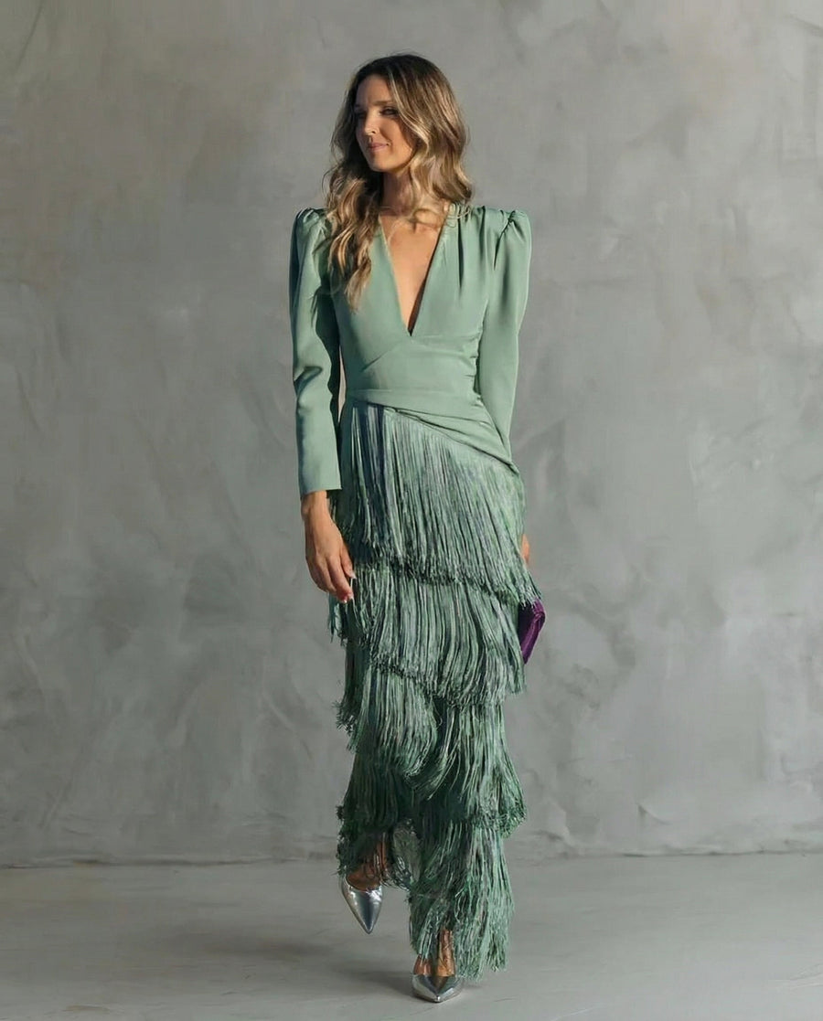 Liora | Women's V-Neck Long Sleeve Fringe Maxi Dress