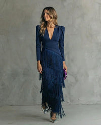 Liora | Women's V-Neck Long Sleeve Fringe Maxi Dress
