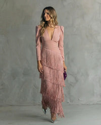 Liora | Women's V-Neck Long Sleeve Fringe Maxi Dress