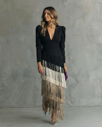 Liora | Women's V-Neck Long Sleeve Fringe Maxi Dress