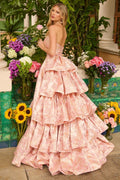 Long Ball Gown Floral Print Ruffle Prom Dress