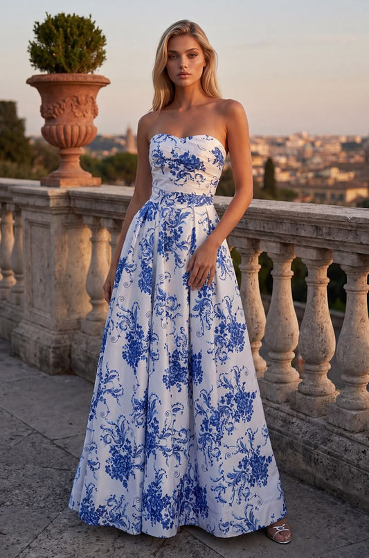 Long Floral Print Formal Corset Prom Gown Blue