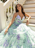 Long Formal Floral Print Ball Gown Sky Blue Multi