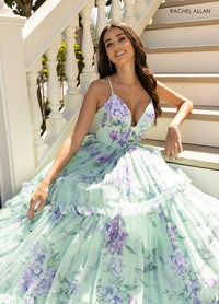 Long Formal Floral Print Ball Gown Sky Blue Multi