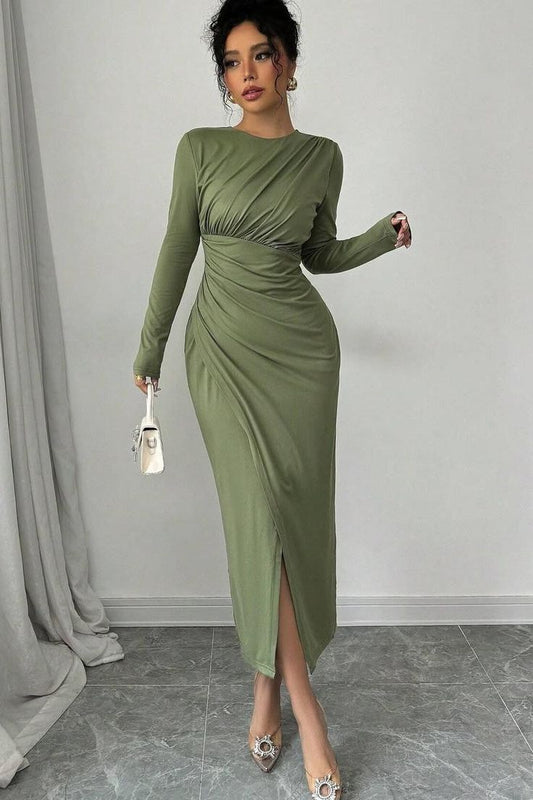 Long Sleeves Jewel Neck Tea Length Prom Dress With Split Pleated Gold