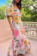 Looking For Sunshine Floral Print Square Neck Bubble Sleeve Maxi Dress