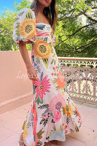 Looking For Sunshine Floral Print Square Neck Bubble Sleeve Maxi Dress