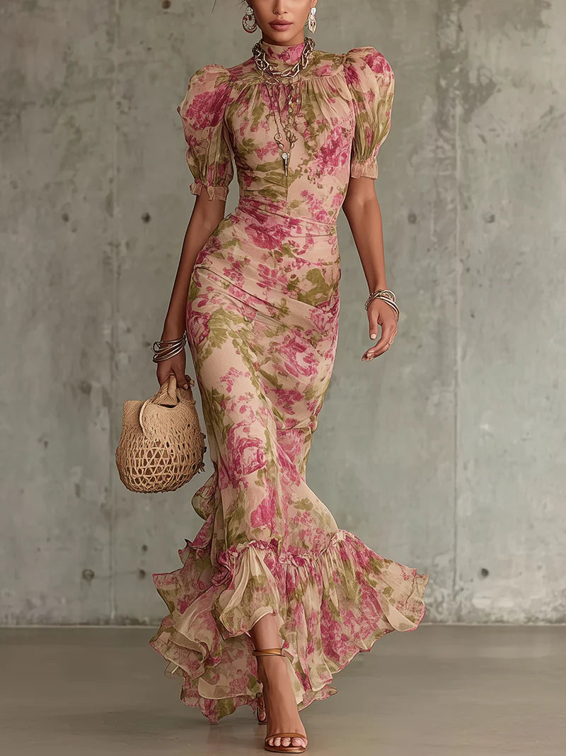 Lourdes | Women's Floral Puff Sleeve Mock Neck Maxi Dress