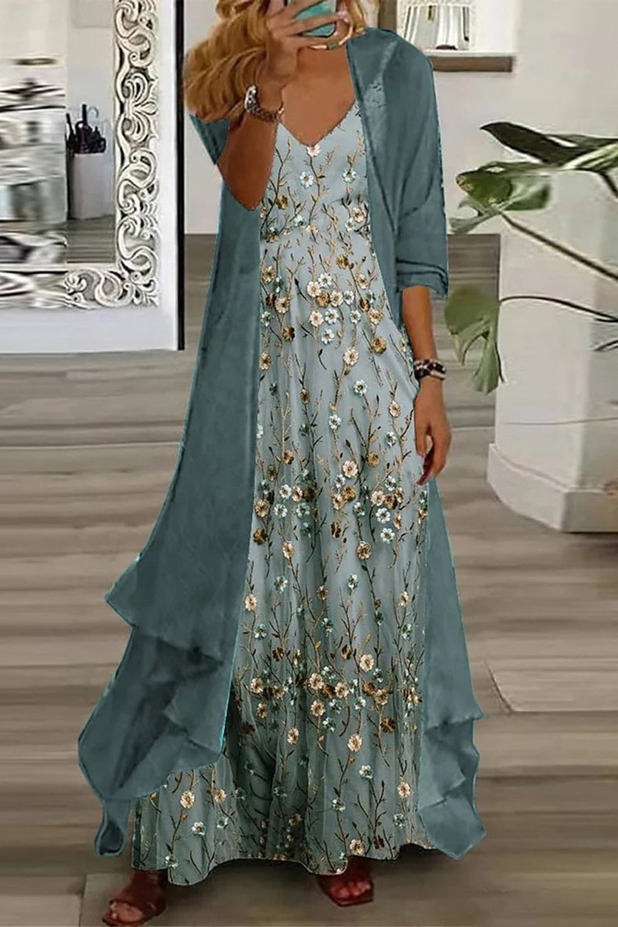Lucinda | Women's Floral V-Neck Maxi Dress Set with Cardigan