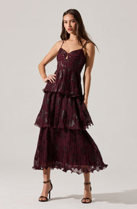 Lupin Floral Pleated Maxi Dress Wine Floral Print