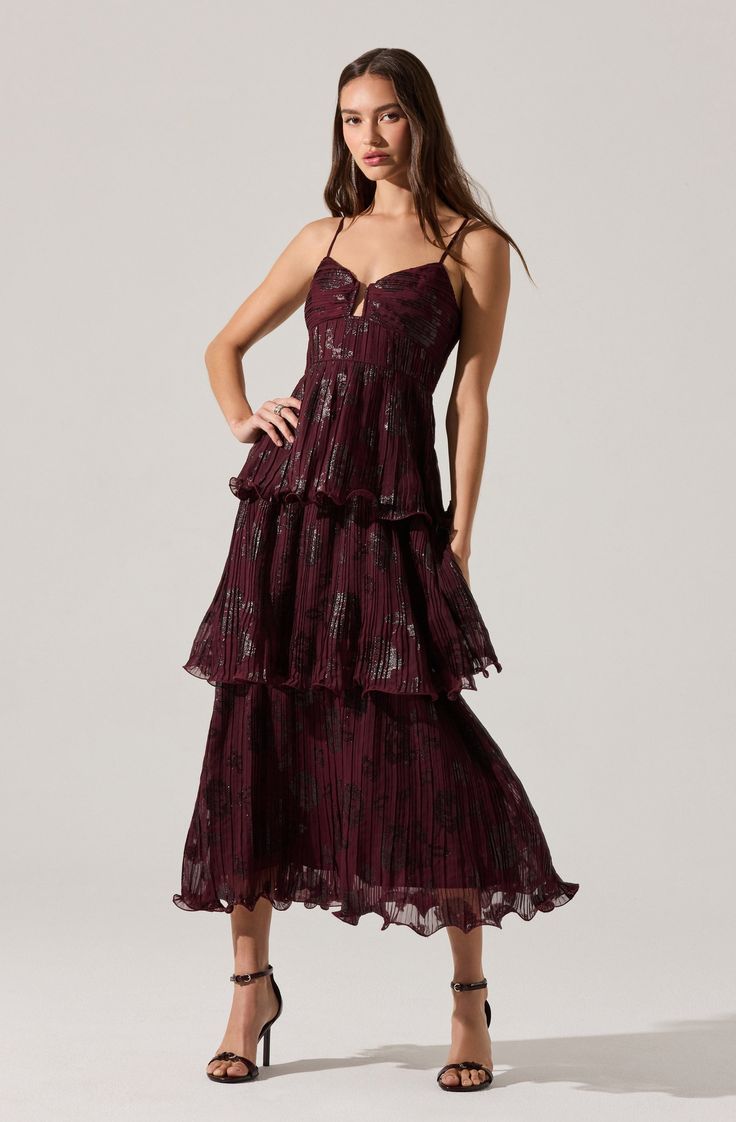 Lupin Floral Pleated Maxi Dress Wine Floral Print
