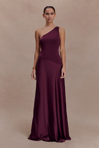 Lyla Asymmetrical Satin Maxi Dress Plum