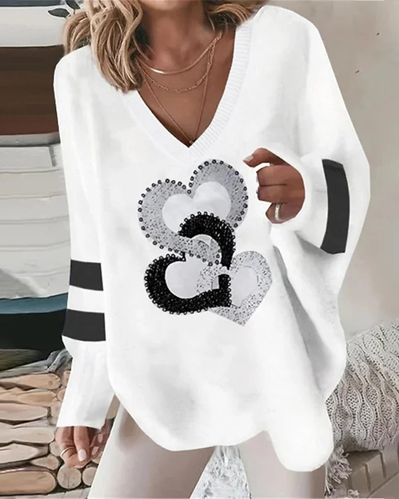 Lyra | Women's V-Neck Oversized Heart Print Sweater