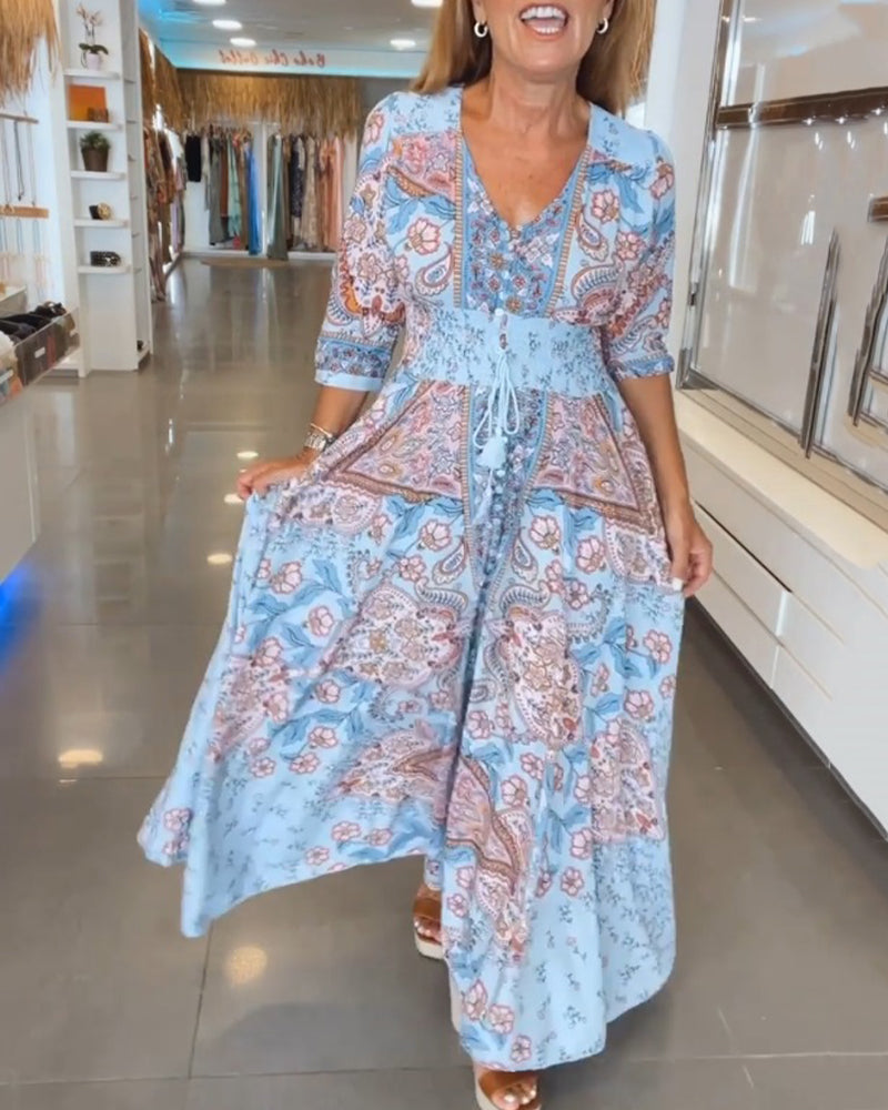 Lysandra | Women's Paisley Print V-Neck 3/4 Sleeve Maxi Dress