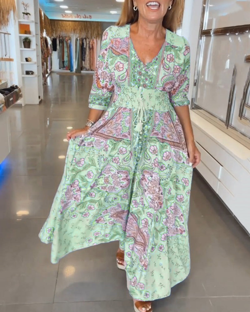 Lysandra | Women's Paisley Print V-Neck 3/4 Sleeve Maxi Dress
