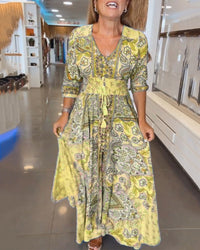 Lysandra | Women's Paisley Print V-Neck 3/4 Sleeve Maxi Dress