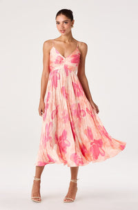Maeve Pleated Midi Dress Coral Abstract Fl