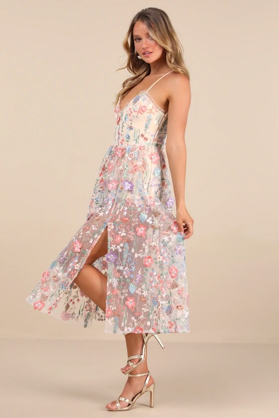 Mahryn Beige 3D Floral Embroidered Midi Bodysuit Dress