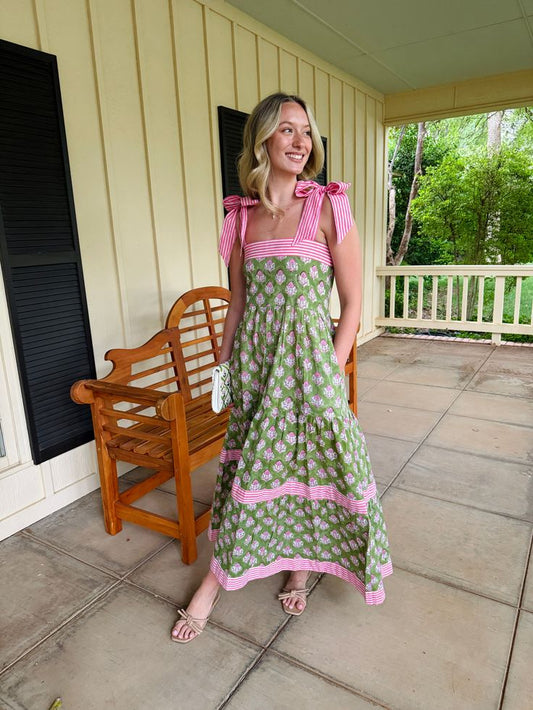 Maisie Maxi Dress In Green Posy Block Print SM