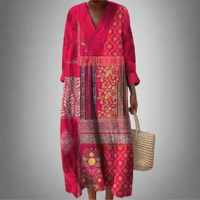 Marisol | Women's Patchwork V-Neck Long Sleeve Maxi Dress