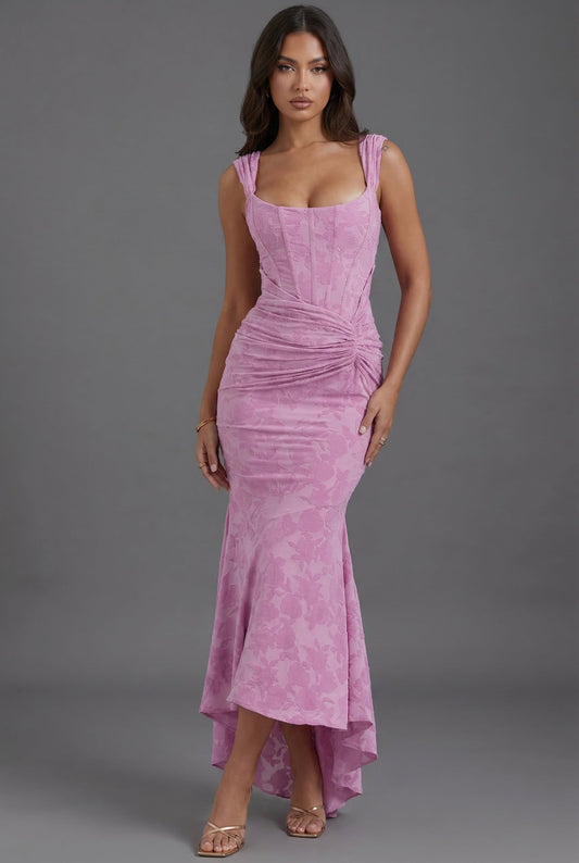 Olivia | Maxi Dress Corset Bodice Ruched Waist Fishtail Hem Pink