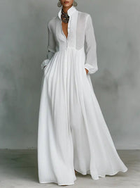 Evelyn | Maxi Dress Cotton Linen Blend Stand Collar Button Front White