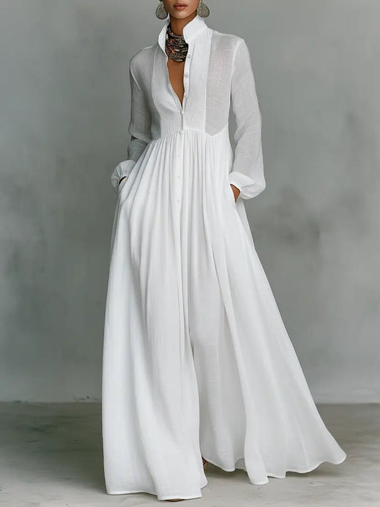Evelyn | Maxi Dress Cotton Linen Blend Stand Collar Button Front White