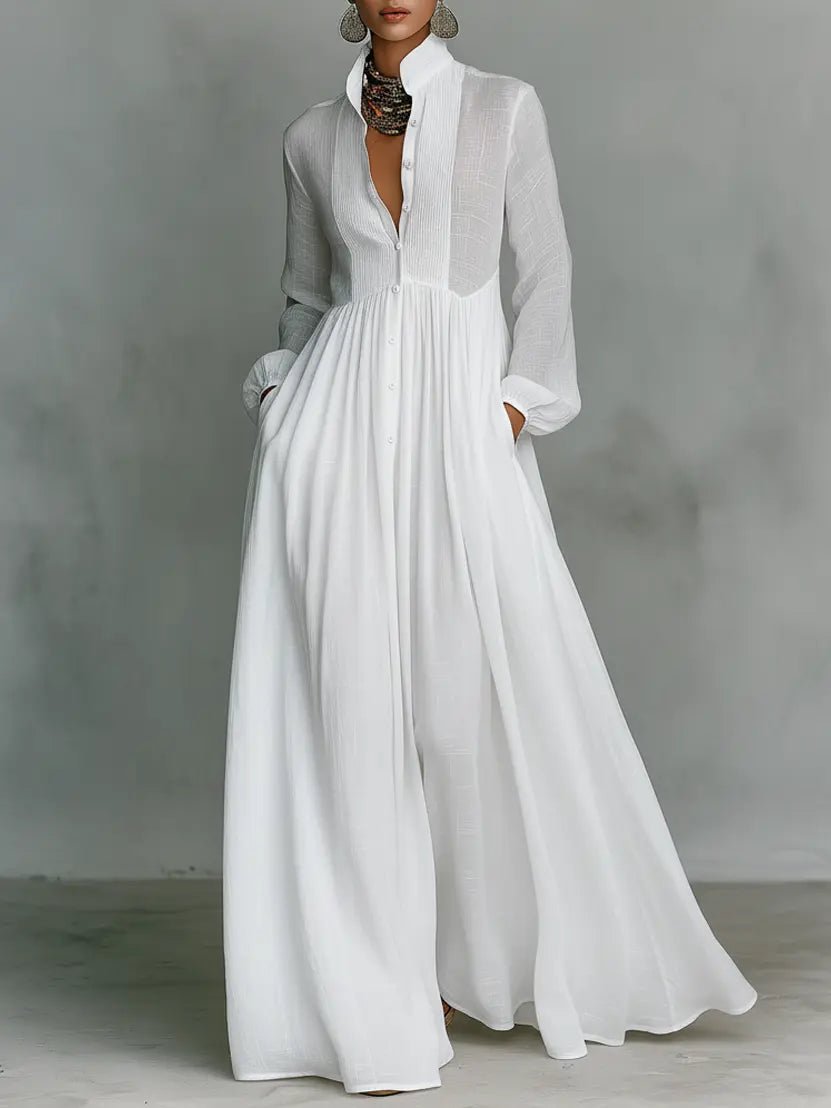 Evelyn | Maxi Dress Cotton Linen Blend Stand Collar Button Front White