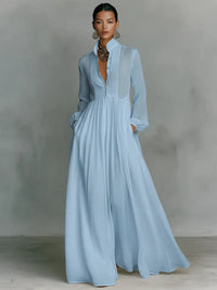 Evelyn | Maxi Dress Cotton Linen Blend Stand Collar Button Front Blue