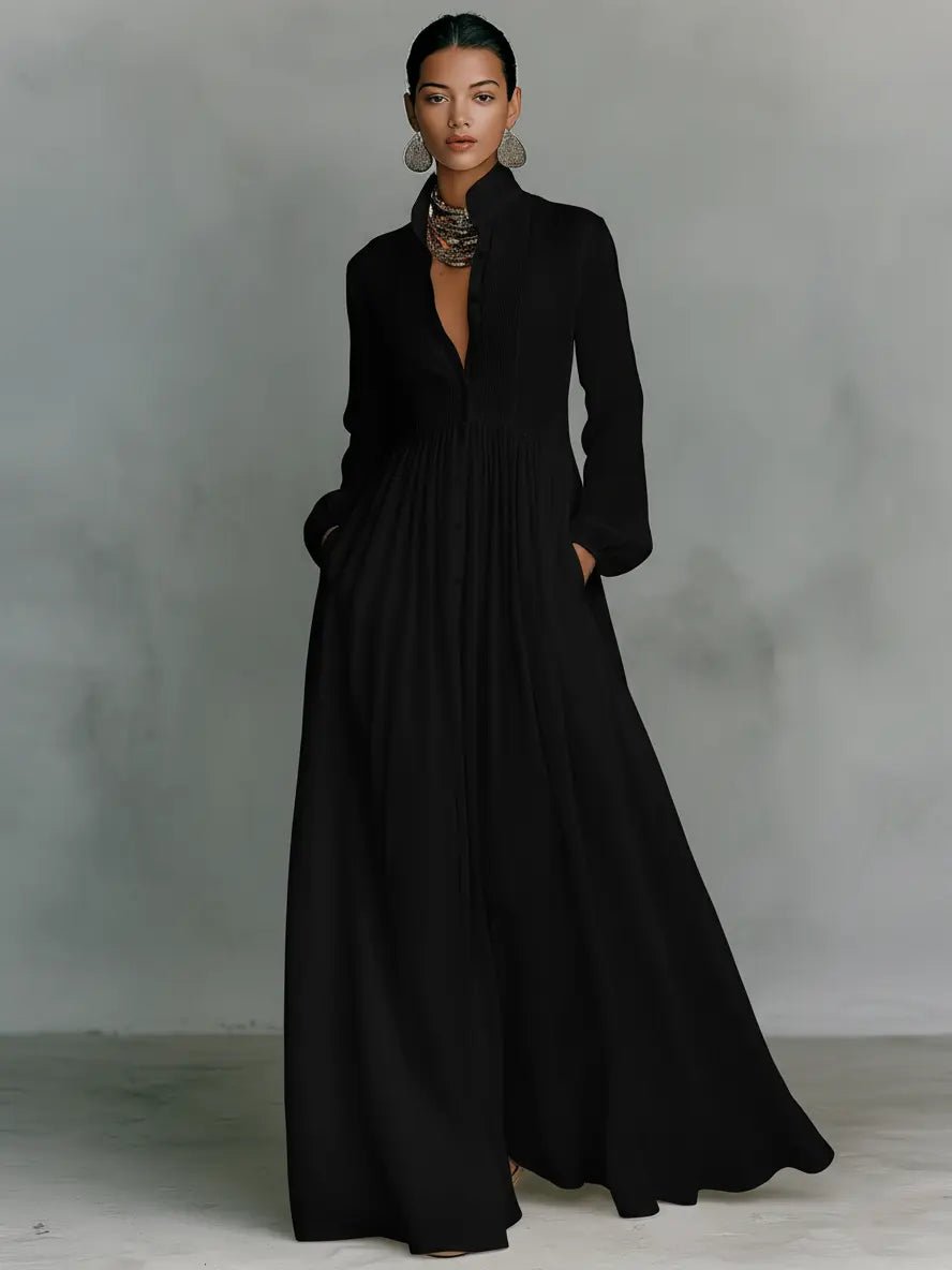 Evelyn | Maxi Dress Cotton Linen Blend Stand Collar Button Front Black