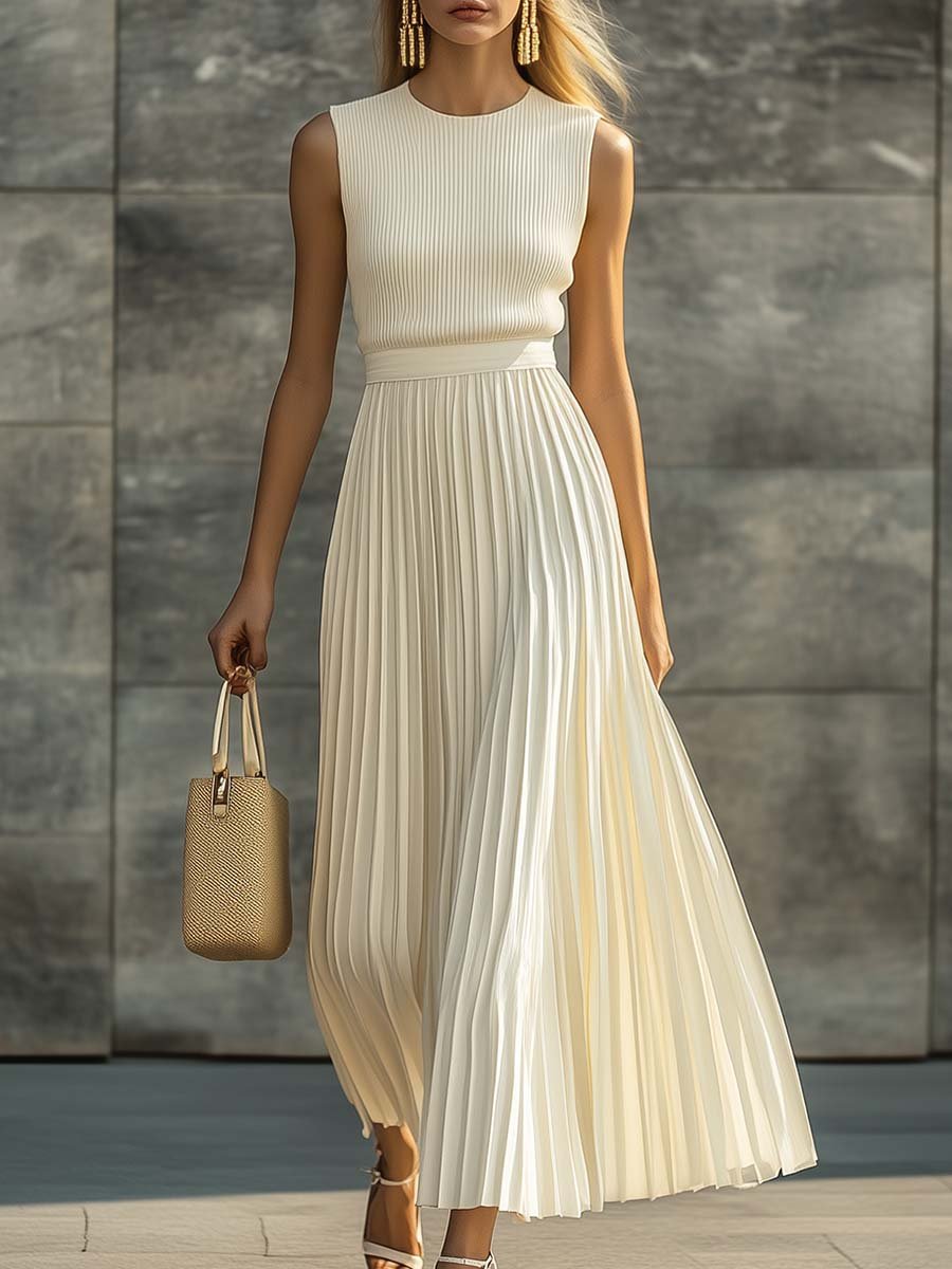 Sophia | Maxi Dress Sleeveless Knit Pleated Chiffon Cream