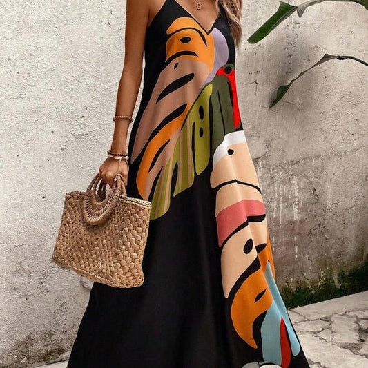 Scarlett | Maxi Dress Tropical Leaf Print V-Neck Sleeveless Multicolor