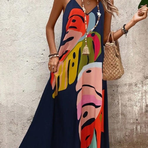 Scarlett | Maxi Dress Tropical Leaf Print V-Neck Sleeveless Navy Blue