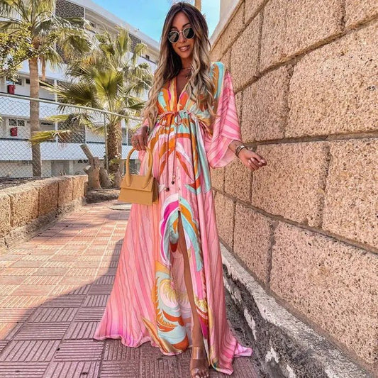 Mia | Maxi Dress V-Neck Kimono Sleeve Abstract Print Split Light Pink