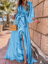 Mia | Maxi Dress V-Neck Kimono Sleeve Abstract Print Split Blue