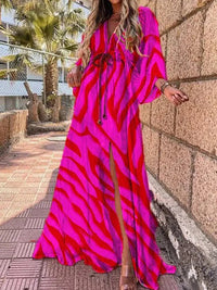 Mia | Maxi Dress V-Neck Kimono Sleeve Abstract Print Split Rose Red