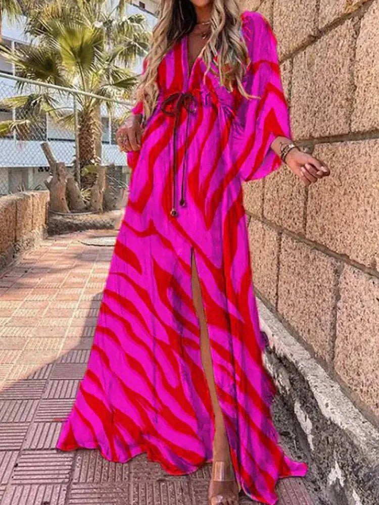 Mia | Maxi Dress V-Neck Kimono Sleeve Abstract Print Split Rose Red
