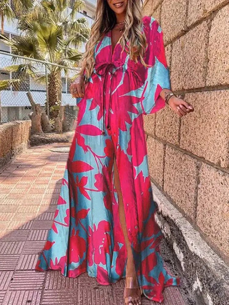 Mia | Maxi Dress V-Neck Kimono Sleeve Abstract Print Split Blue-Pink