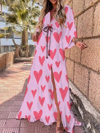 Mia | Maxi Dress V-Neck Kimono Sleeve Abstract Print Split Pink