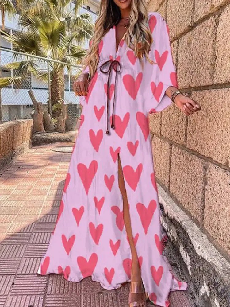 Mia | Maxi Dress V-Neck Kimono Sleeve Abstract Print Split Pink