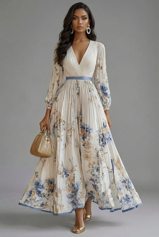 Evelyn | Maxi Dress V-Neck Long Sleeve Pleated Floral Print White